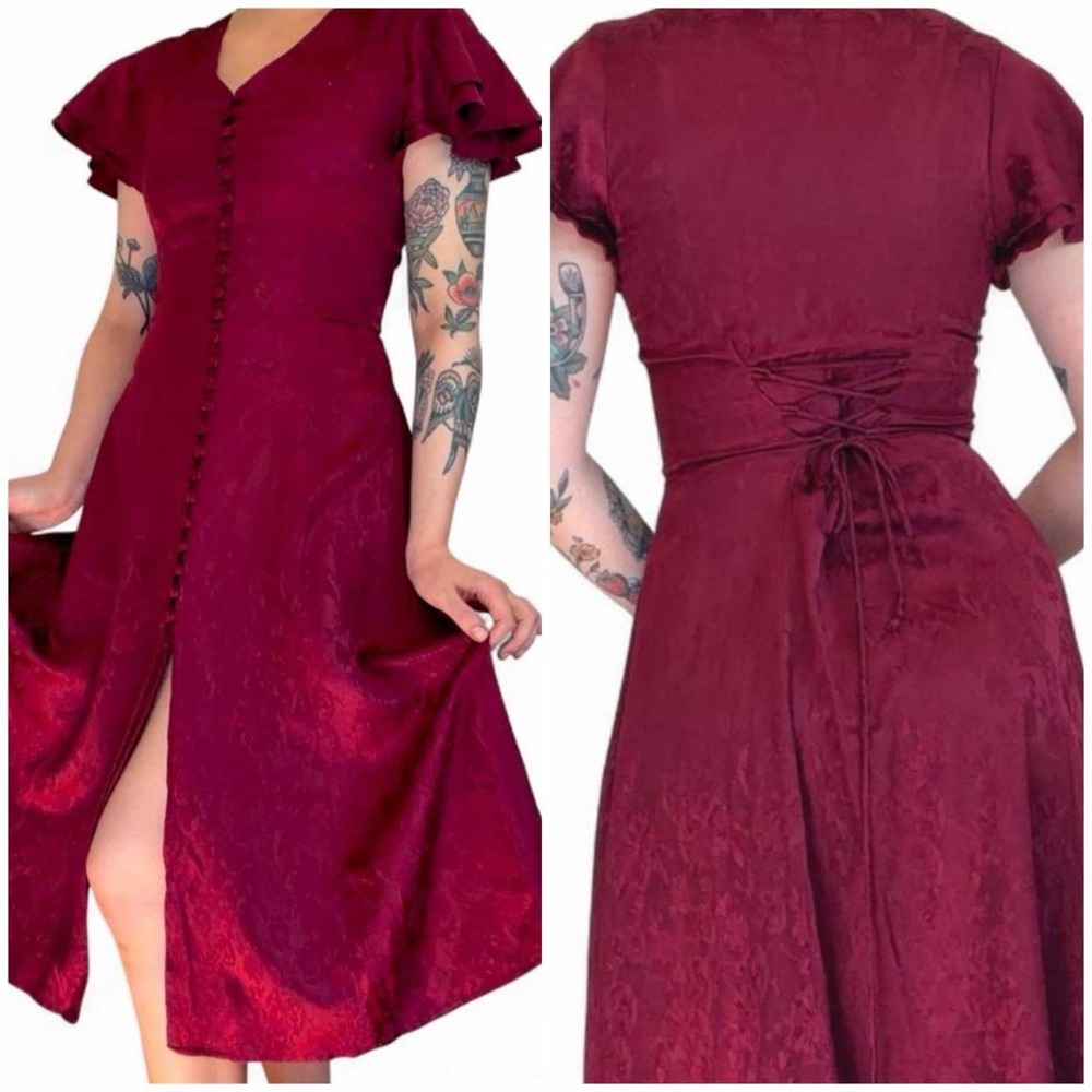 Vintage 80s Whimsigoth Burgundy Corset Dress